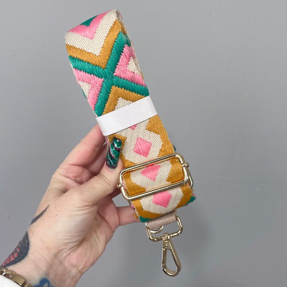 Pink Peach Teal Geo Embroidered Bag Guitar Strap Crossbody Shoulder Boho Western - Picture 2 of 6
